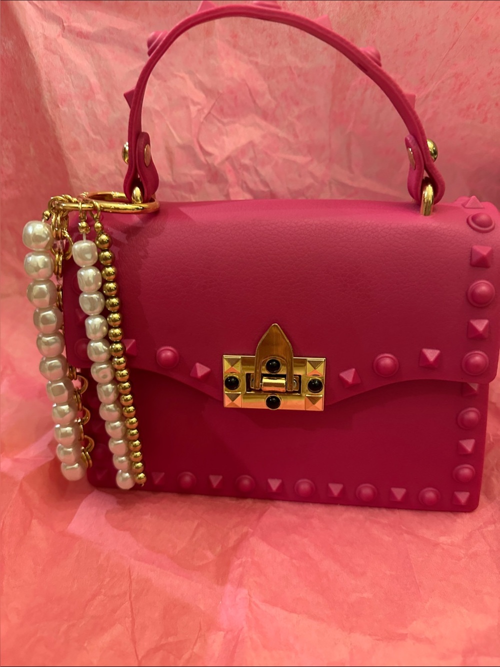 Hot Pink Studded Mini Top Handle Satchel Purse